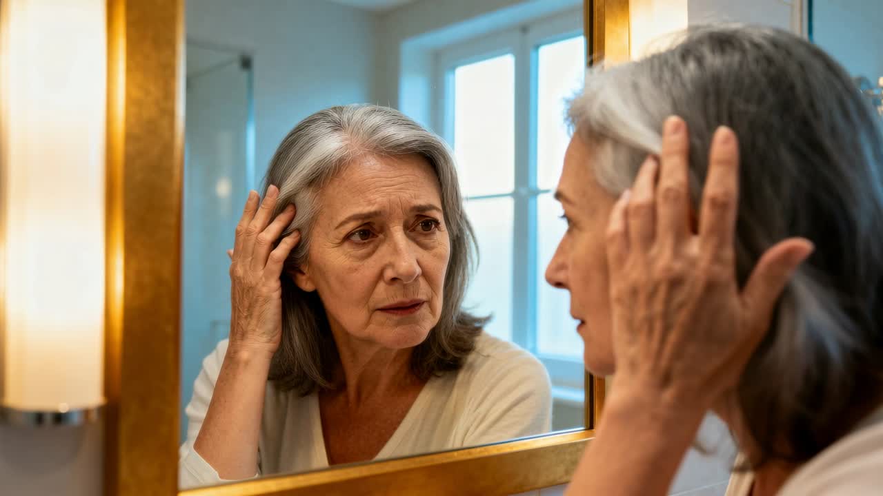 Una donna anziana che nota il suo riflesso, toccandosi i capelli, esaminandosi allo specchio da trucco, in una maglietta chiara e con uno specchio dorato.