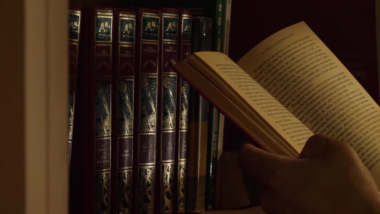 Primo piano di mani che sfogliano le pagine di un libro in una luce calda e soffusa, accanto a libri classici su uno scaffale, concetto per la lettura, la ricerca e lo studio.
