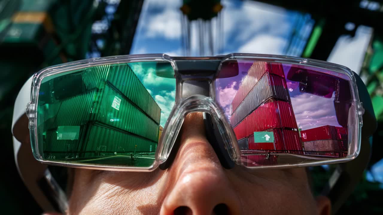 A Close-Up Look at High-Tech Safety Glasses Reflecting Colorful Shipping Containers Against a Bright Blue Sky, Showcasing Modern Shipping and Logistics Technology in Action