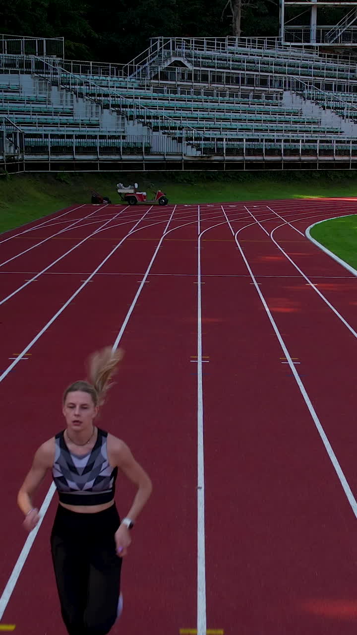 Una atleta determinada esprinta por una pista de atletismo roja en un estadio al aire libre. Perfecto para fitness, entrenamiento deportivo y contenido sobre estilo de vida saludable.