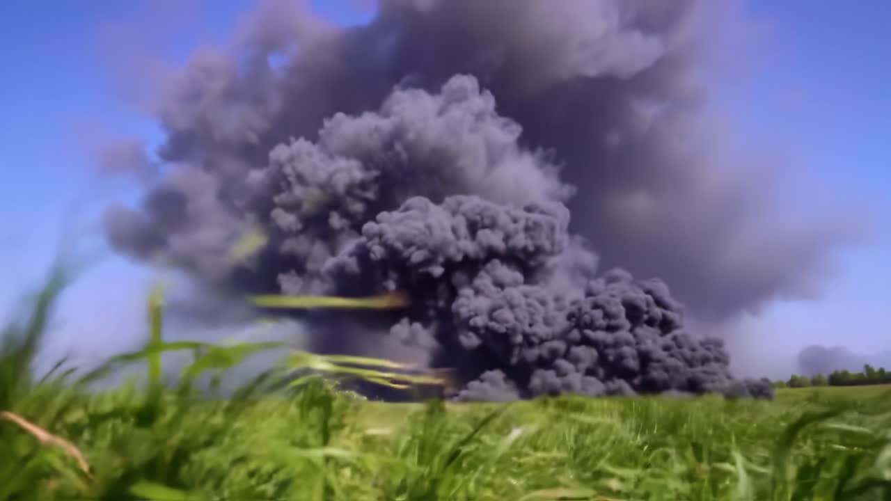 Dramatic Smoke Plume Erupting Over Lush Green Grasslands in Breathtaking Landscape, Showcasing Nature's Contrast Between Beauty and Destruction