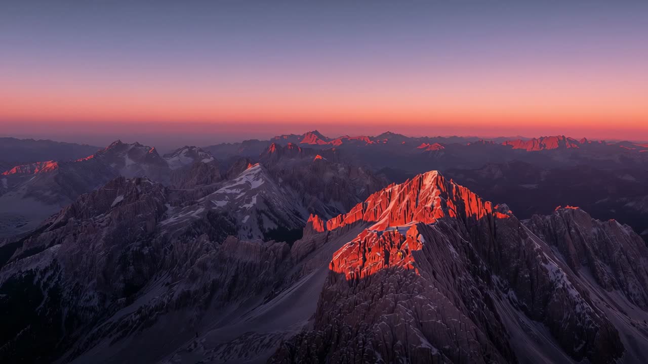 Sun rising casting long shadows over rugged mountain ridge at dawn, revealing snow-dusted peaks