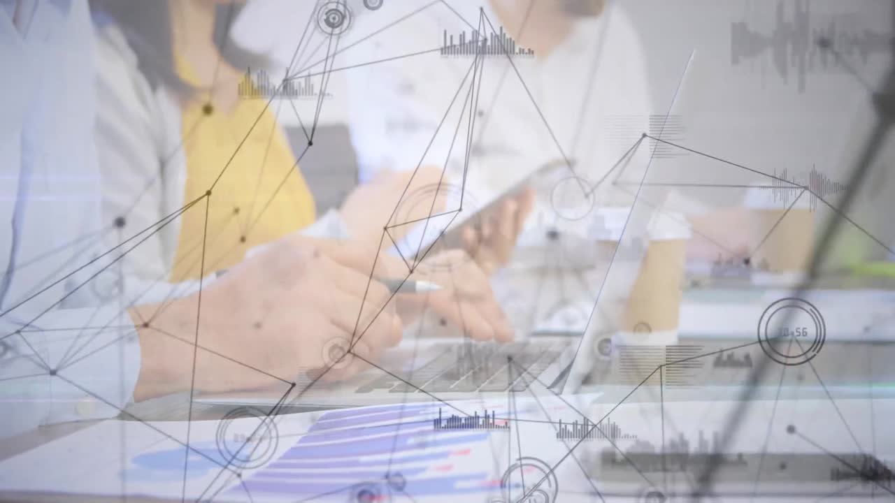 Web of connections against woman using laptop and smartphone