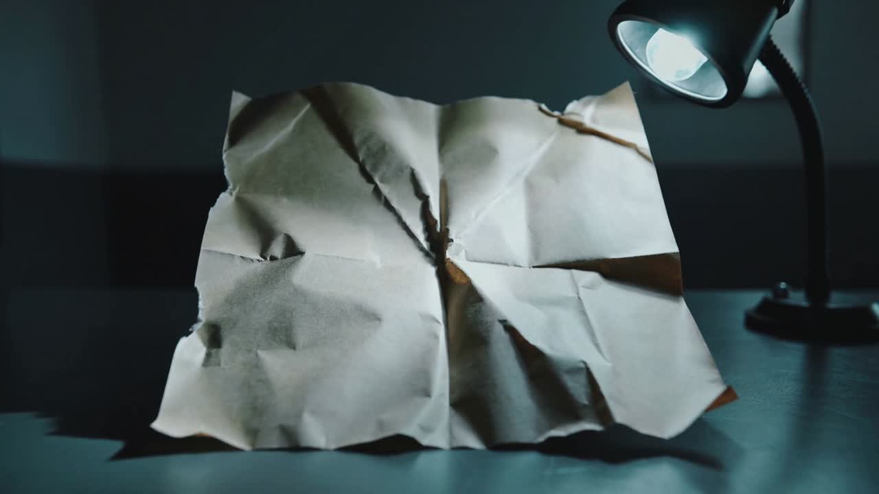 Lampada da scrivania spostata che proietta un fascio di luce fredda sul tavolo, rivelando carta beige stropicciata e uno strappo.