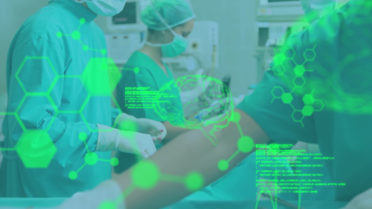 수술실에서 환자를 수술하는 외과의사에 대한 뇌 스캔과 의료 데이터 처리 애니메이션