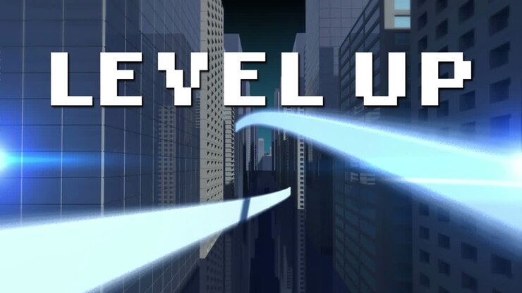 Animazione di testo pixel bianco "Livello Superato", con una spirale bianca, su un paesaggio urbano moderno