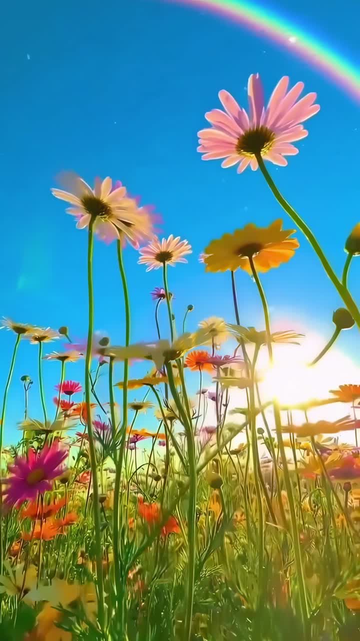 Low-angle video of vibrant daisies against a clear blue sky, capturing a dreamy, colorful scene