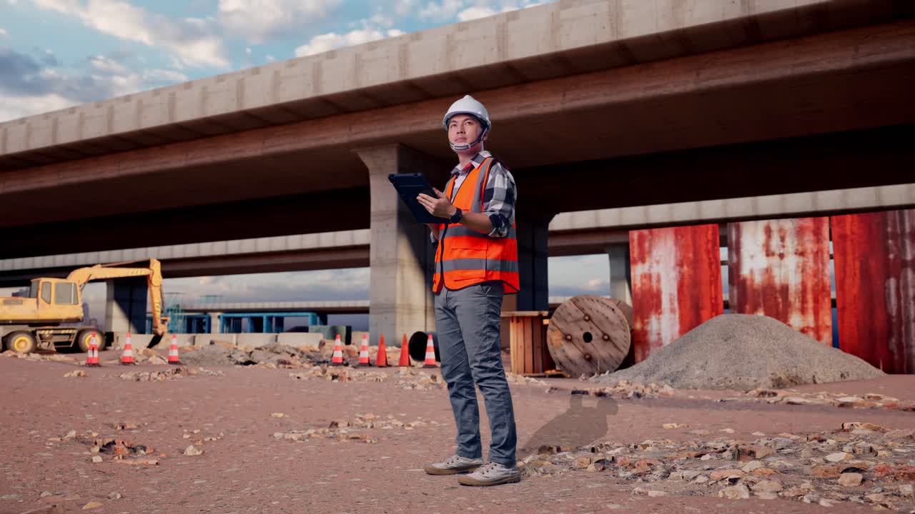Full Body Side View Of Asian Male Engineer With Safety Helmet Looking At The Tablet In His Hand And Looking Around While Standing At The Site of Highway Construction