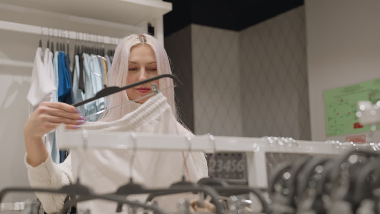 Graceful woman with pastel hair wearing chunky knit turtleneck sweater browses clothing rack, lifts white shirt, inspects seam, returns garment, smiling softly while curating wardrobe