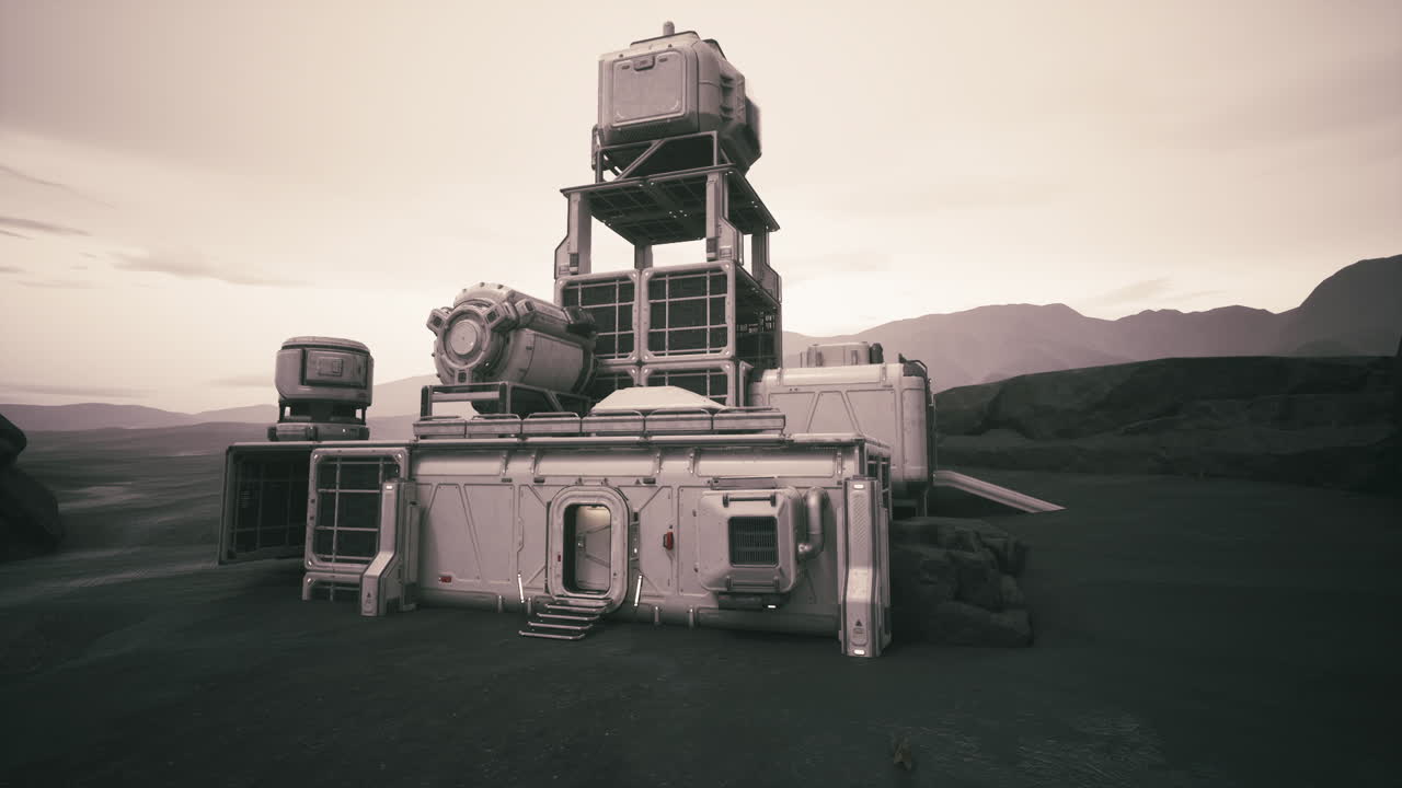 탐험 식민지 기지는 황혼 중에 먼 행성의 표면에 위치하고 있습니다.