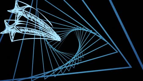 animación de estrellas y formas lineales azules que giran sobre un fondo negro