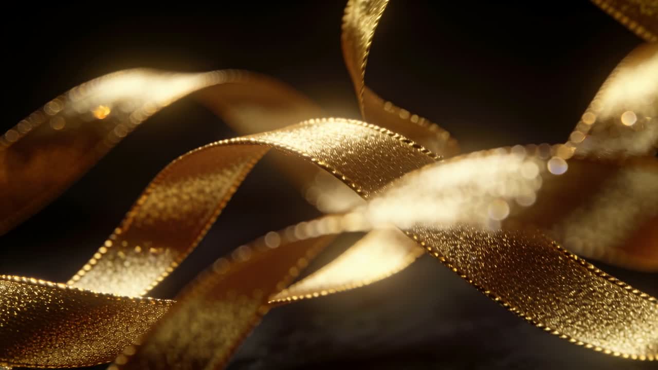 Vertikal video: Guld bånd snor og krydser hinanden i et nærbillede i studie med fløjsbund