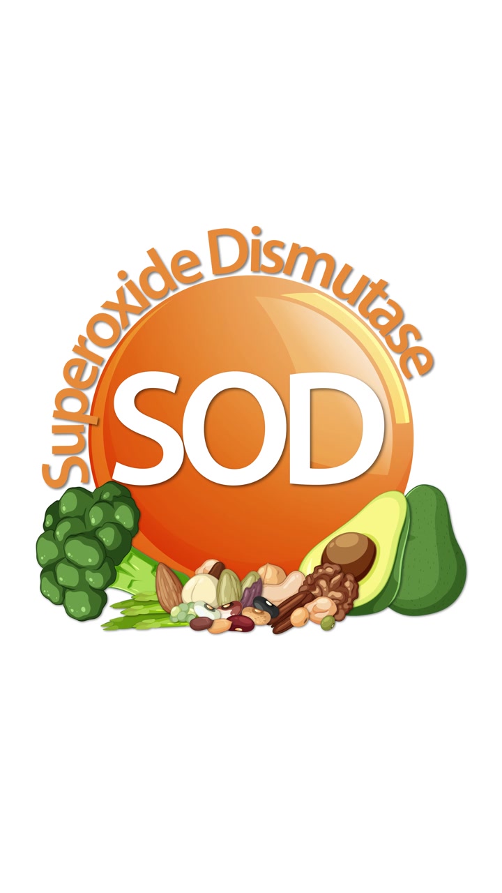 Un'icona arancione della vitamina SOD si anima mentre le parole 'Superossido Dismutasi' e vari cibi sani, inclusi avocado, broccoli e noci, appaiono intorno ad essa su uno sfondo bianco