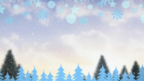 Animation-of-snow-falling-on-trees-in-winter-landscape