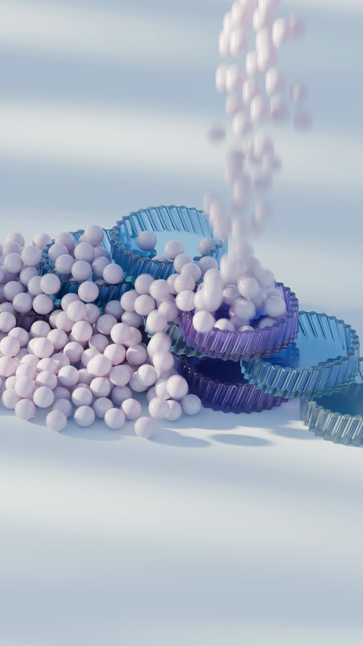 파스텔 공을 가진 유리 모양의 추상 3d 렌더링