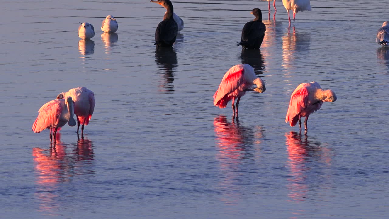플라밍고는 플로리다 해안을 따라 황금빛으로 걸어갑니다.