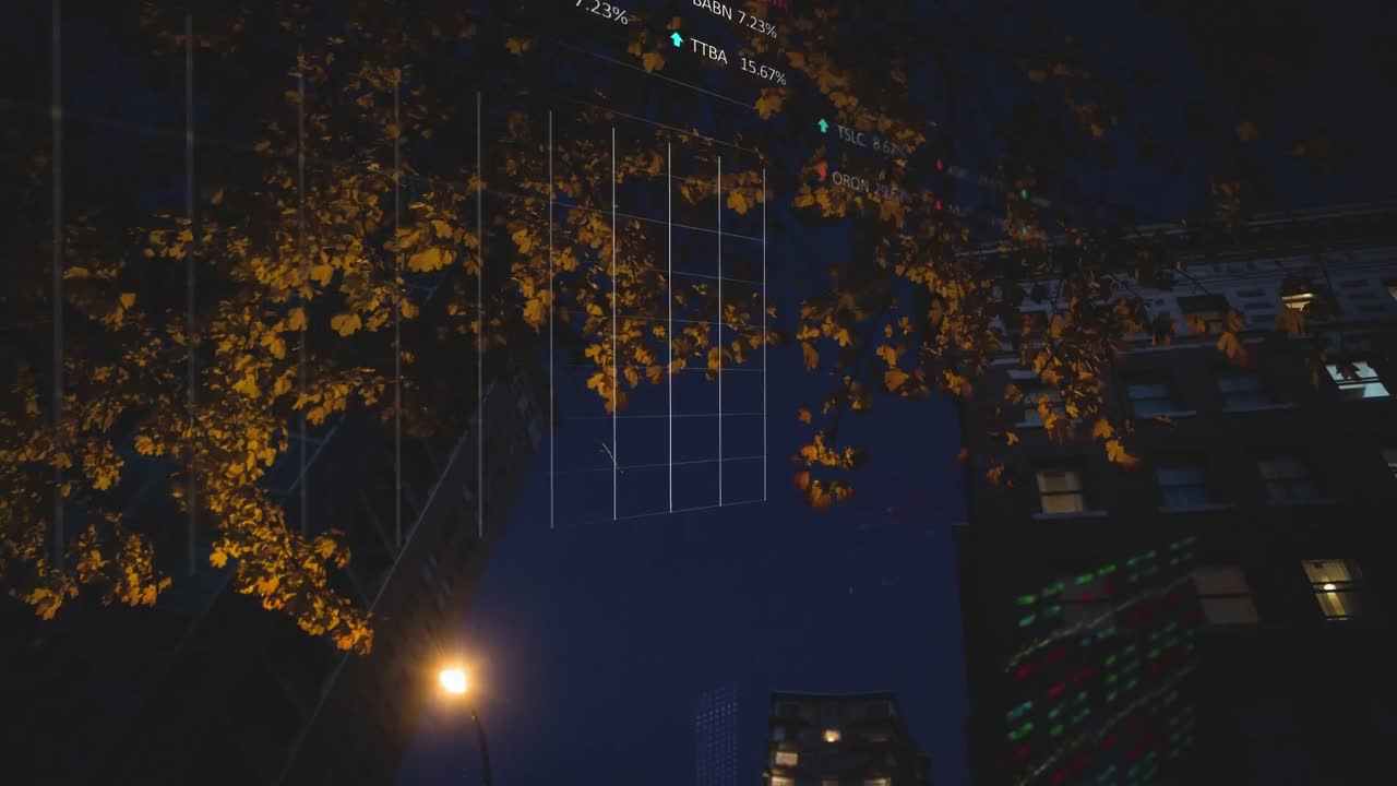 Animazione di elaborazione di dati finanziari su panorama urbano notturno con alberi