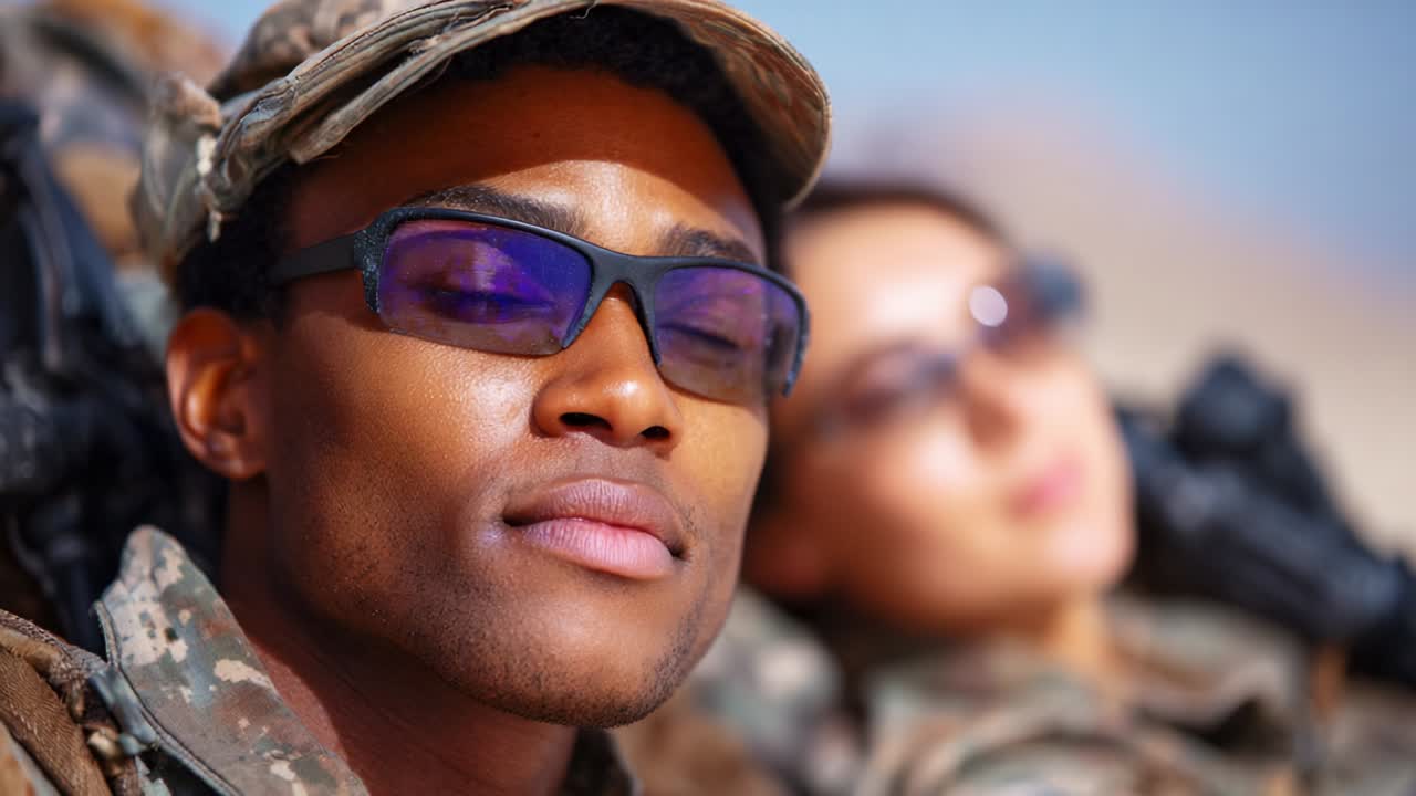 A focused soldier, showcasing determination and resilience amidst a tranquil backdrop, embodies the spirit of camaraderie, strength, and dedication in a challenging military environment, ready for action and teamwork