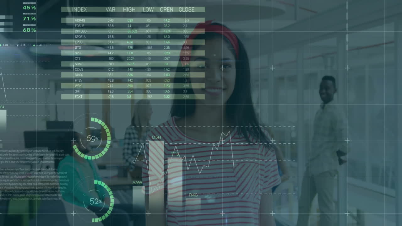 Financial data and pie chart animation over people in office environment
