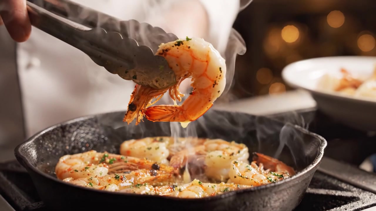 Uno chef esperto cucina abilmente deliziosi gamberi in una padella di ghisa nera sfrigolante, mettendo in risalto la tecnica culinaria e gli ingredienti saporiti utilizzati nell'alta ristorazione.