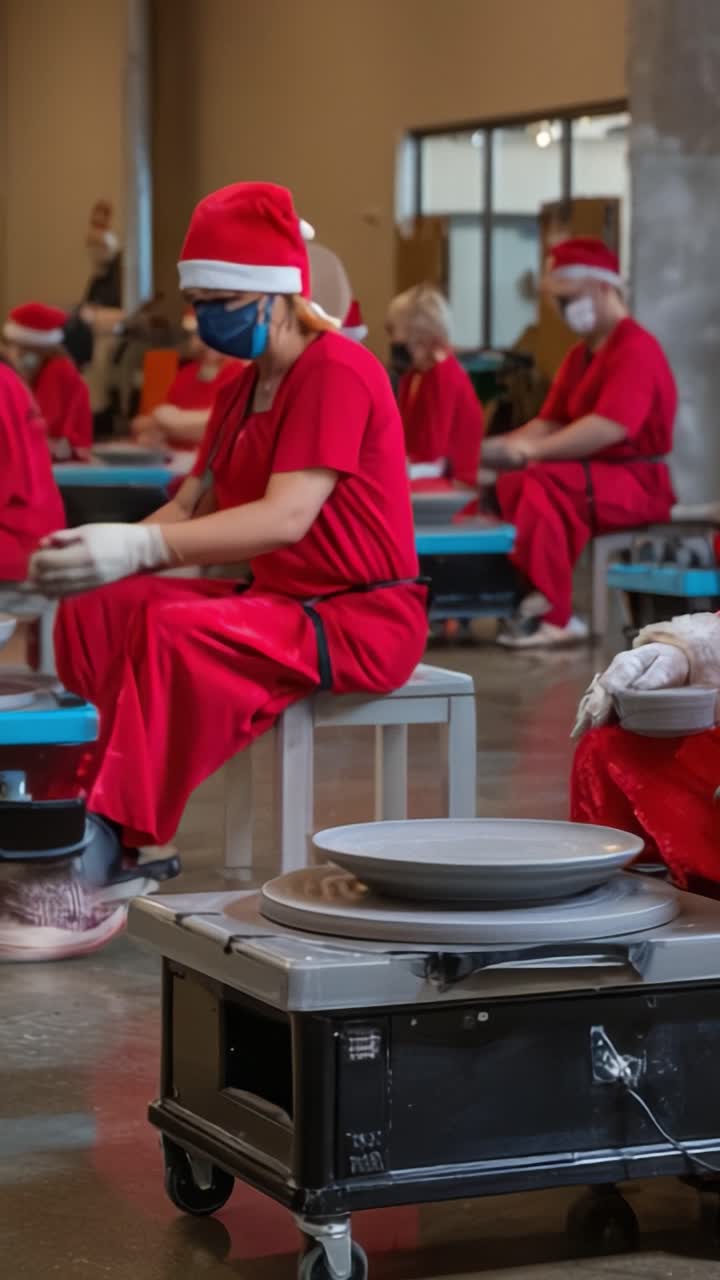 Partecipanti in costumi da Babbo Natale si dedicano a un corso di ceramica tra addobbi natalizi festosi e un'atmosfera allegra, evidenziando lo spirito creativo e la coesione della comunità.