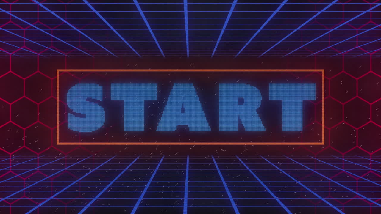 animación digital del texto de inicio sobre formas hexagonales y red de cuadrícula azul contra fondo negro