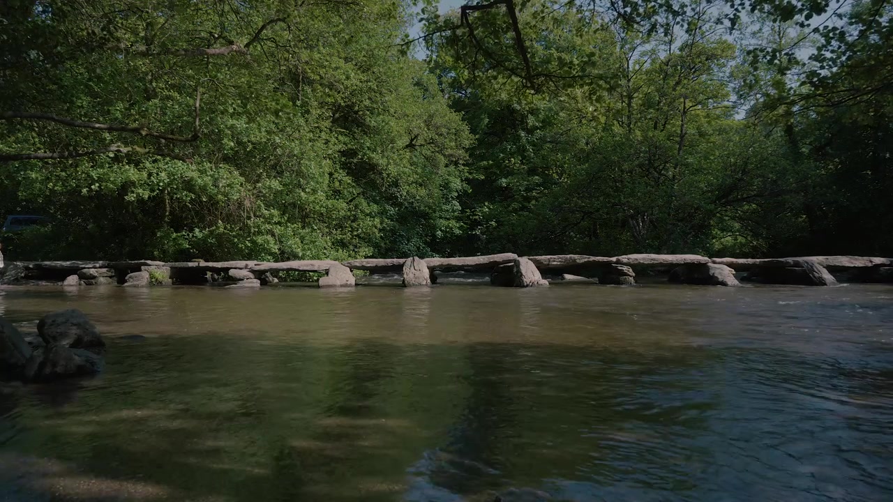 Tarr Steps con il fiume Barle che scorre placidamente sotto. La composizione cattura la tranquilla bellezza della campagna inglese, con texture dettagliate e tonalità di colore naturali che arricchiscono la scena