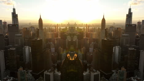 Amazing-aerial-panoramic-shot-of-Manhattan-at-sunset.-Abstract-computer-effect-digital-composed-footage.