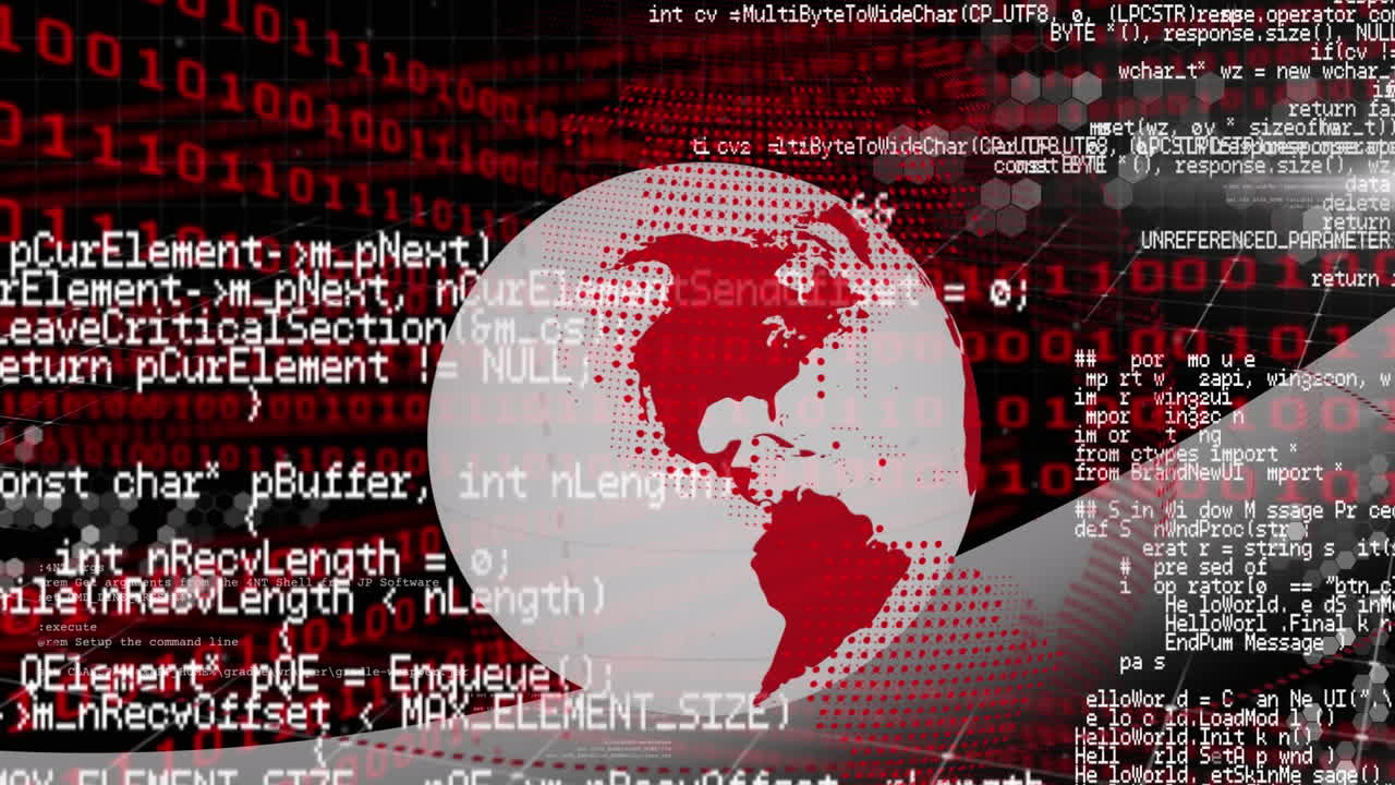 animación de lenguaje informático y mapa sobre el globo contra códigos binarios en fondo negro