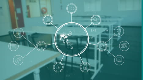 animating interconnected icons over empty classroom background