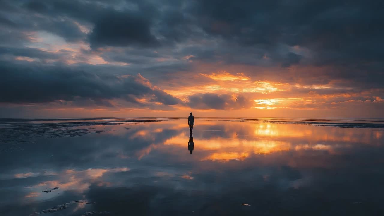 Sunset reflection along the beach with a solitary figure walking