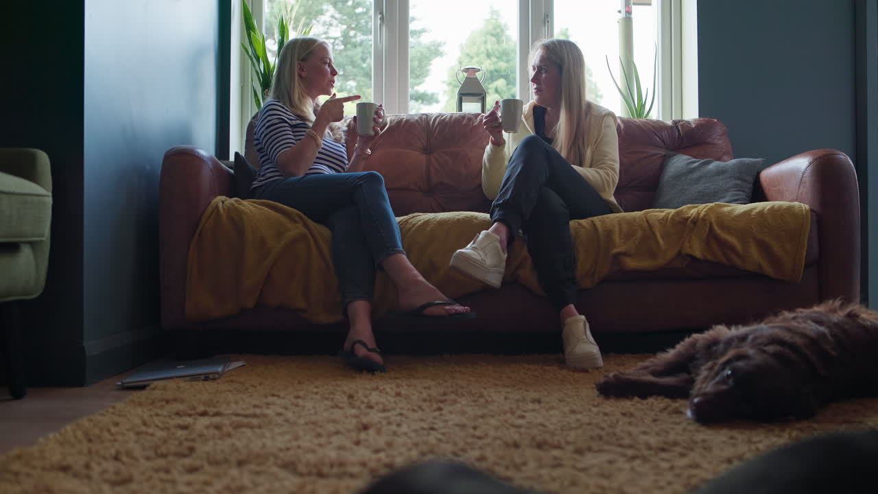 Two women talking on a couch with a dog