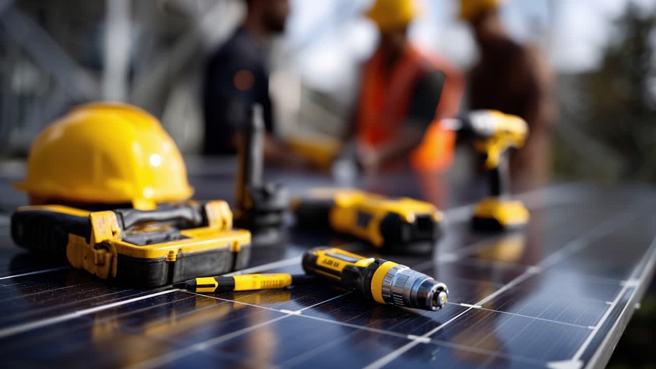 Solar panels gleam under clear skies. Tools rest near a technician's helmet. Workers adjust equipment in background. Focus sharp on yellow drill and screwdriver