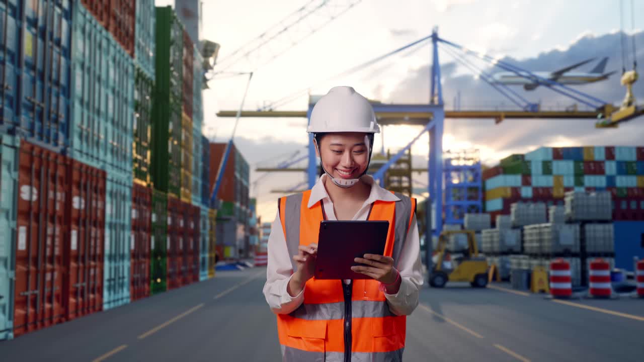 Front View of Asian Female Engineer Use Tablet While Walking at Port with Container Ship and Cranes at Sunset