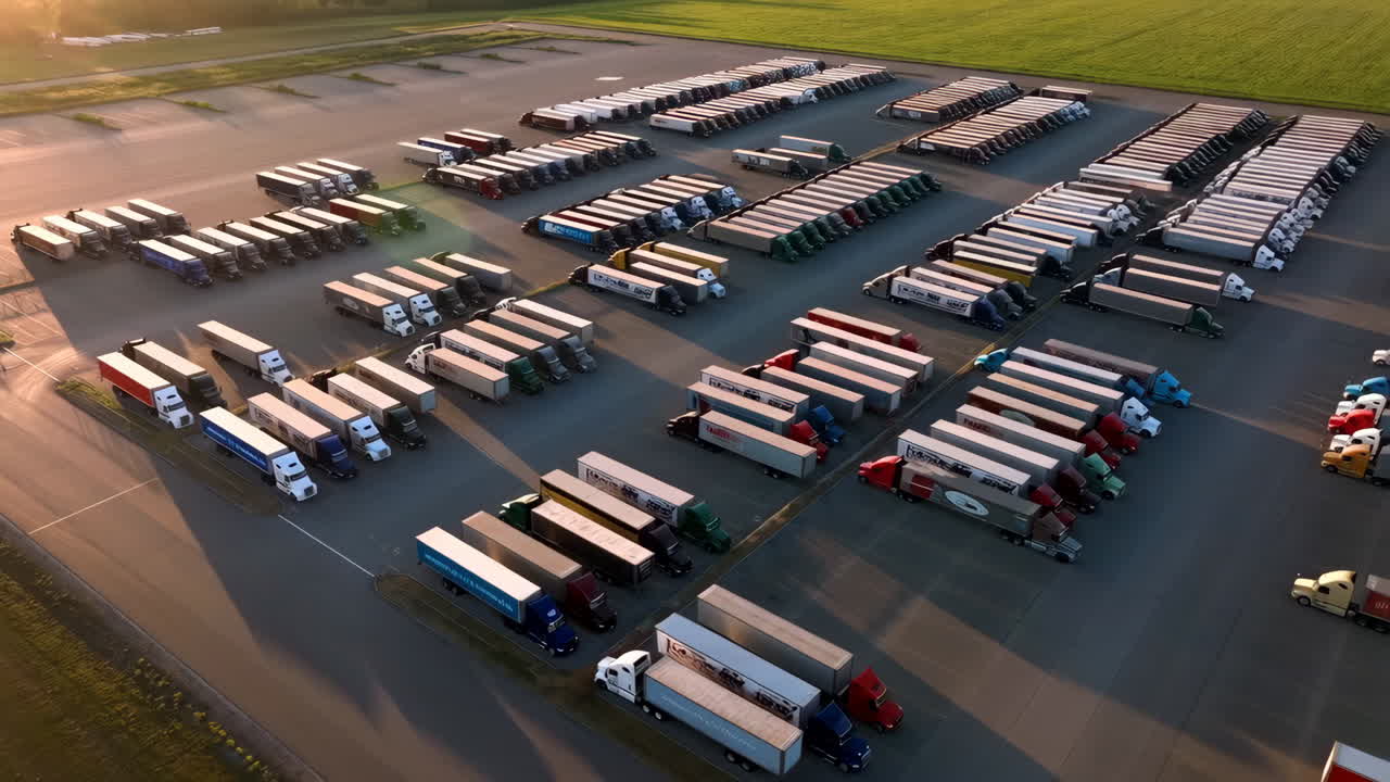 Aerial view of a large truck parking lot filled with semi-trucks and trailers