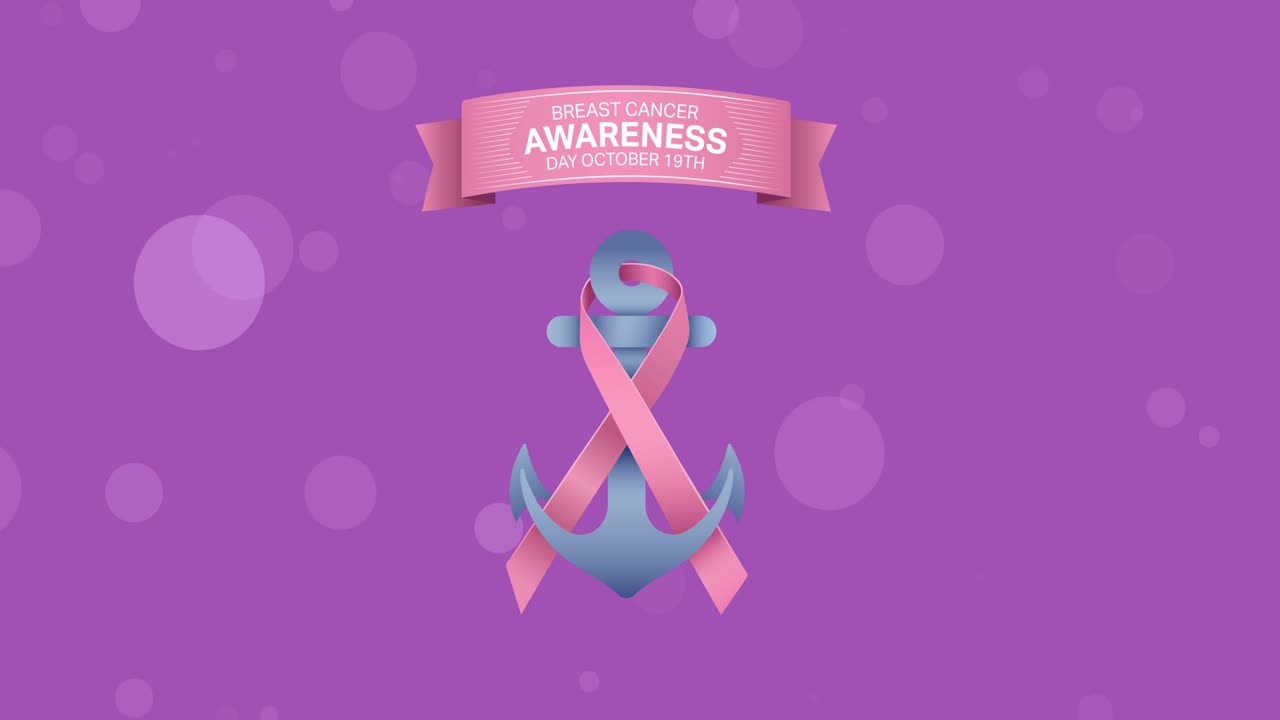 핑크색 유방암 리본 위에 있는 유방암 인식 텍스트의 애니메이션