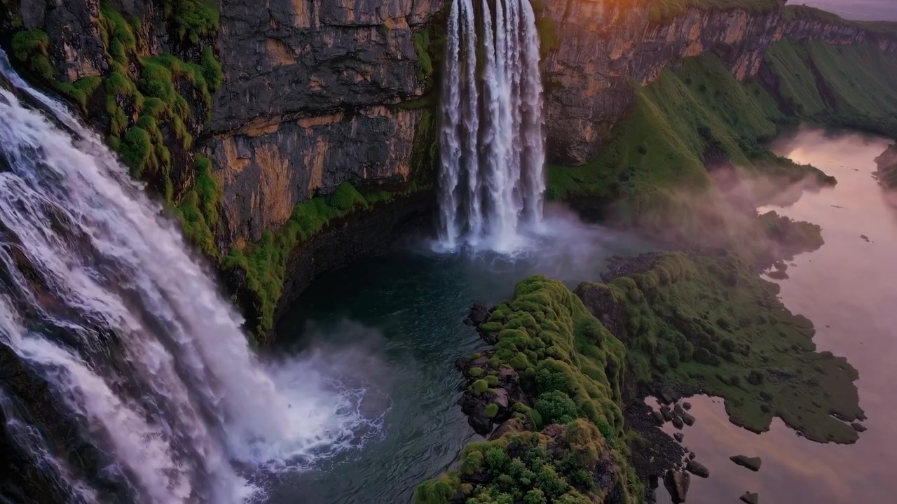 Veduta aerea di maestose cascate che si gettano dalle scogliere al tramonto