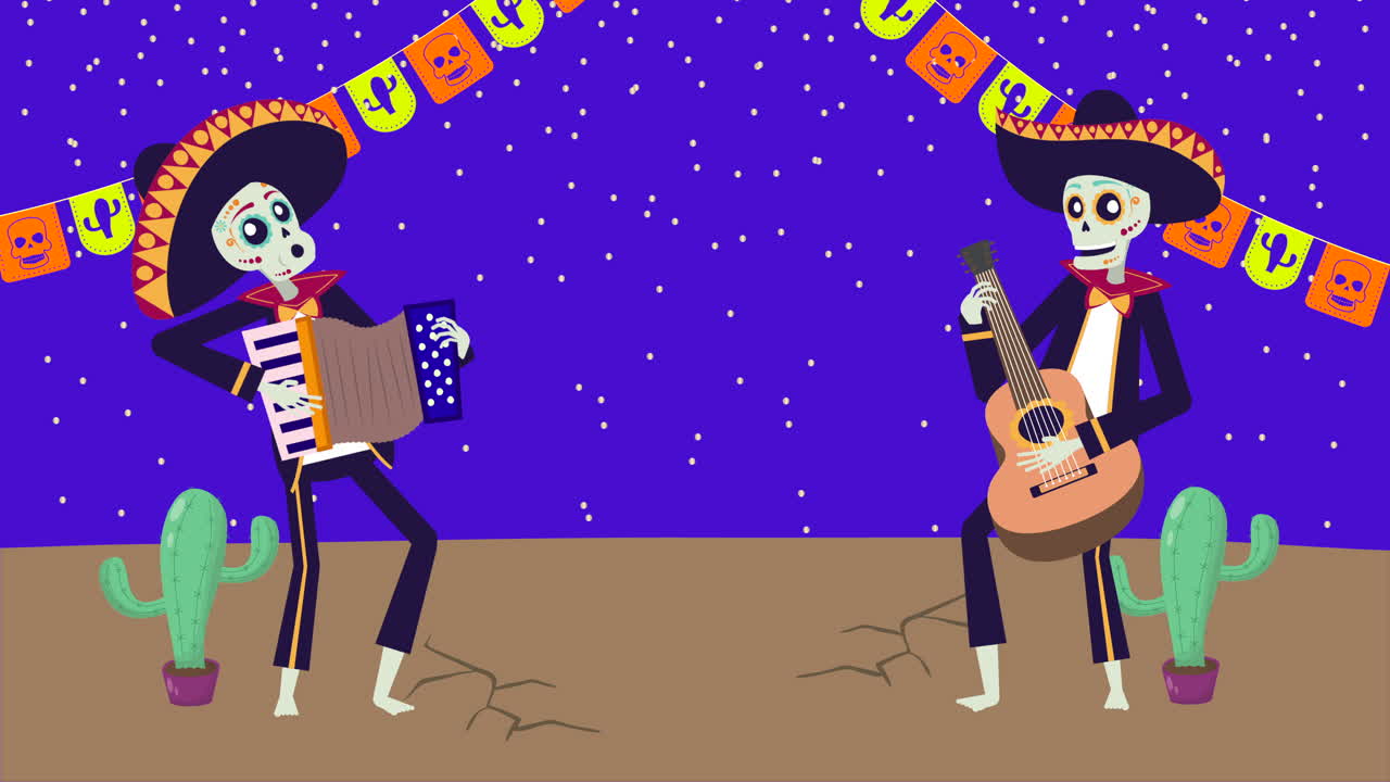animazione viva messicana con teschi mariachi che suonano la chitarra e la fisarmonica
