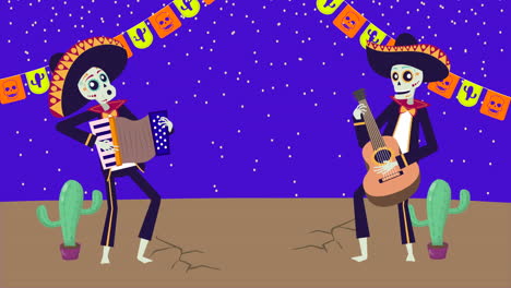 animación viva mexico con calaveras mariachis tocando la guitarra y el acordeón