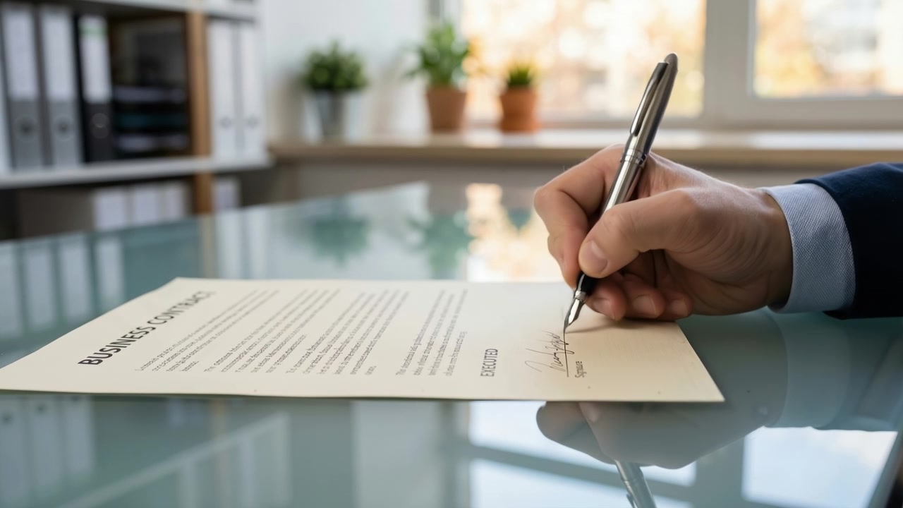 Primo piano della mano di una persona che firma un documento legale o un contratto commerciale con una penna su una scrivania