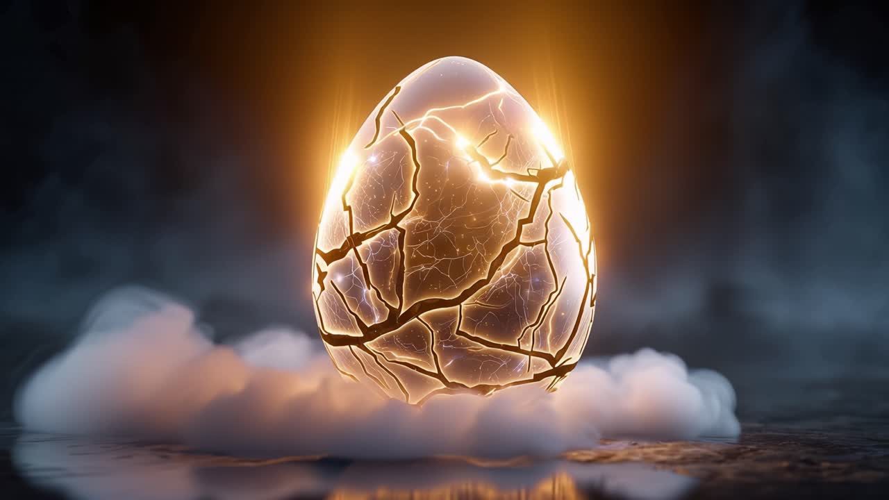 Glowing egg pulses with energy. Cracks spread across its surface. Smoke curls around the base. Light bursts from within the shell. Mystical, powerful, ancient aura