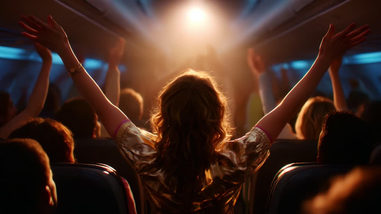 A Moment of Celebration: The Excitement and Joy Captured Inside an Airplane as Passengers Express Their Happiness with Uplifted Arms During an Unforgettable Journey of Togetherness and Enthusiasm