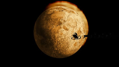 animation of santa claus in sleigh with reindeer passing over moon and stars