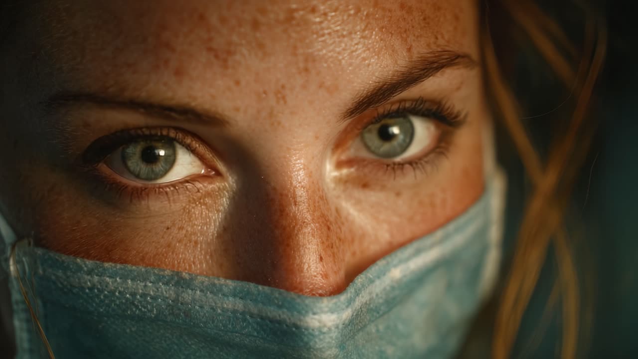 Primo piano del volto di una donna con una maschera, che evidenzia occhi intensi e lentiggini per un focus emotivo su uno sfondo di incertezza e connessione umana in evoluzione.