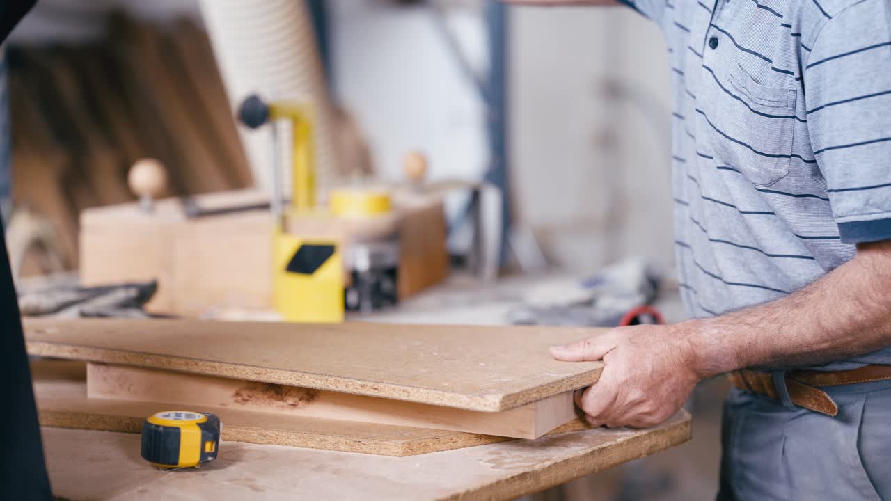 Skilled Carpenter Working with Wooden Boards in a Workshop