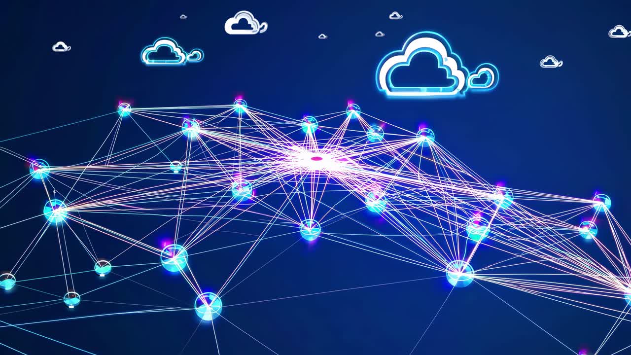 Futuristic video concept of cloud computing with a network of glowing nodes and lines