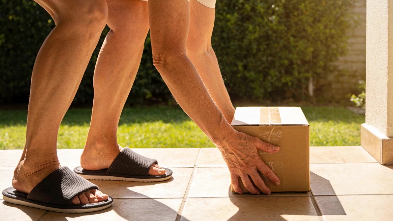Der Besitzer entdeckt eine Pappschachtel, bückt sich und hebt sie auf der gefliesten Veranda hoch, um schwarze Sandalen hereinzubringen.