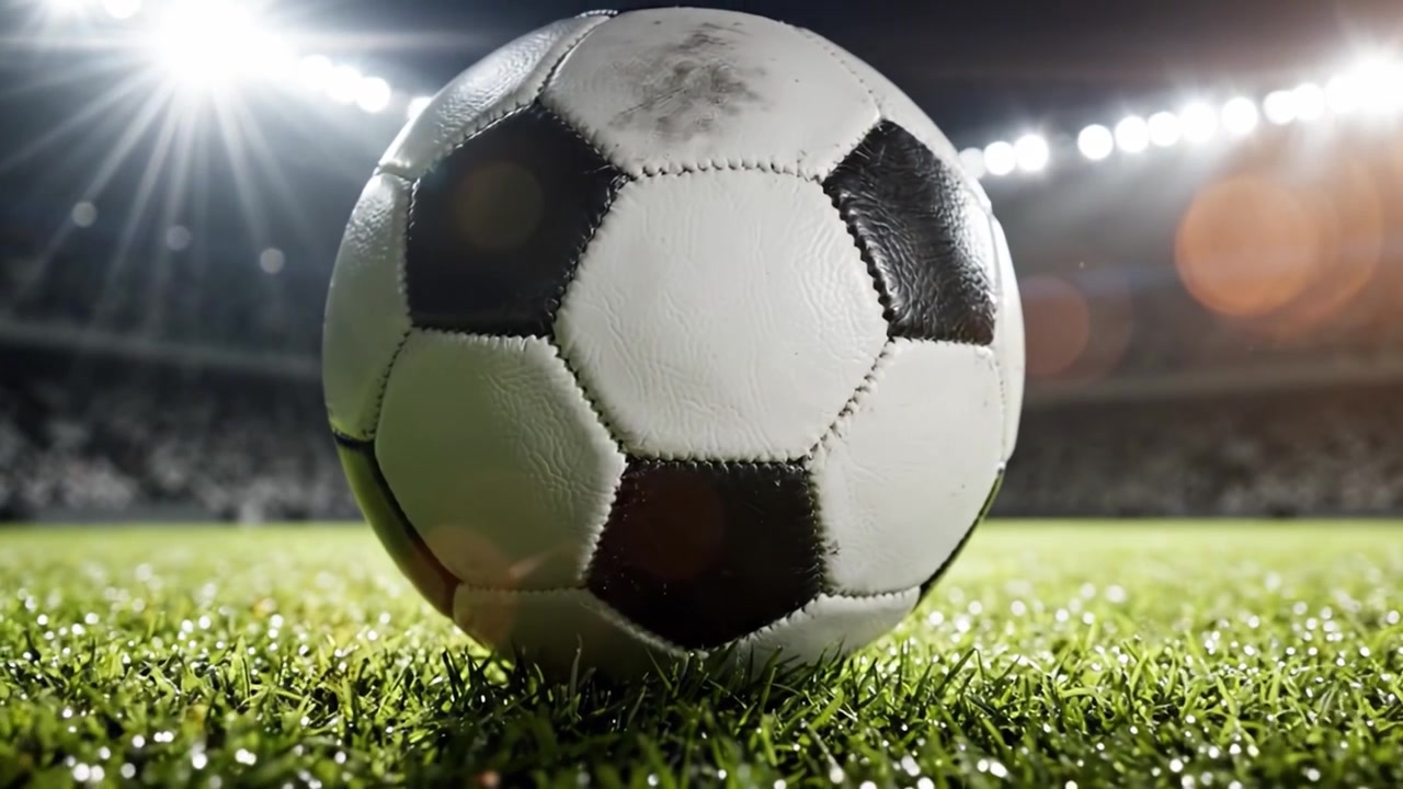 En fantastisk fodboldscene, der fremhæver det smukke spil, med et nærbillede af en klassisk sort-hvid fodbold på frodigt grønt græs inde på et stort stadion