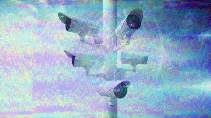 Animation of moving CCTV cameras with glitch stripes flickering in hypnotic motion in seamless loop