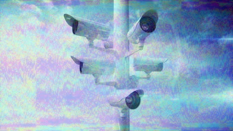 animación de cámaras de cctv en movimiento con rayas de glitch parpadeando en movimiento hipnótico en un bucle sin costuras